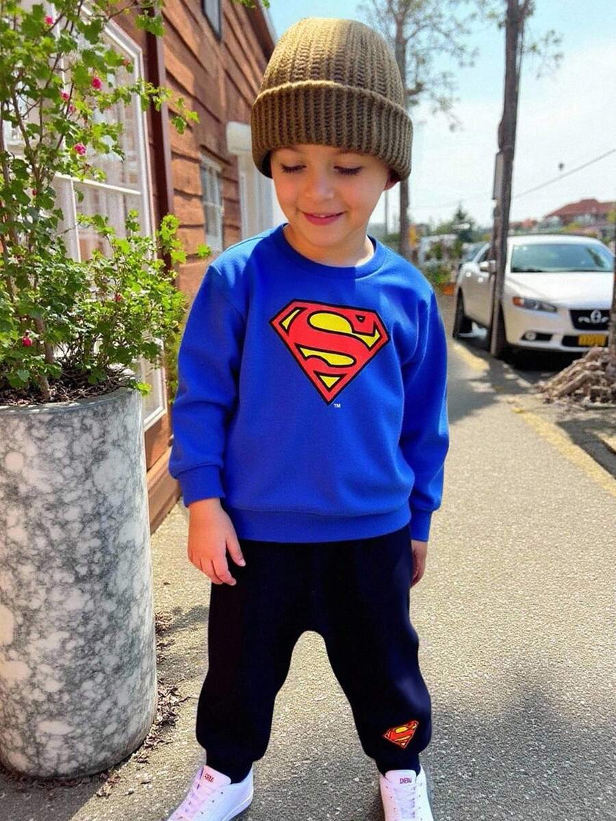 SHEIN Superman X Champster 2pcs/Set Young Boys Casual Loose Comfortable Cartoon Style Long Sleeve Sweatshirt And Pants Set, Suitable For Summer Fall Winter