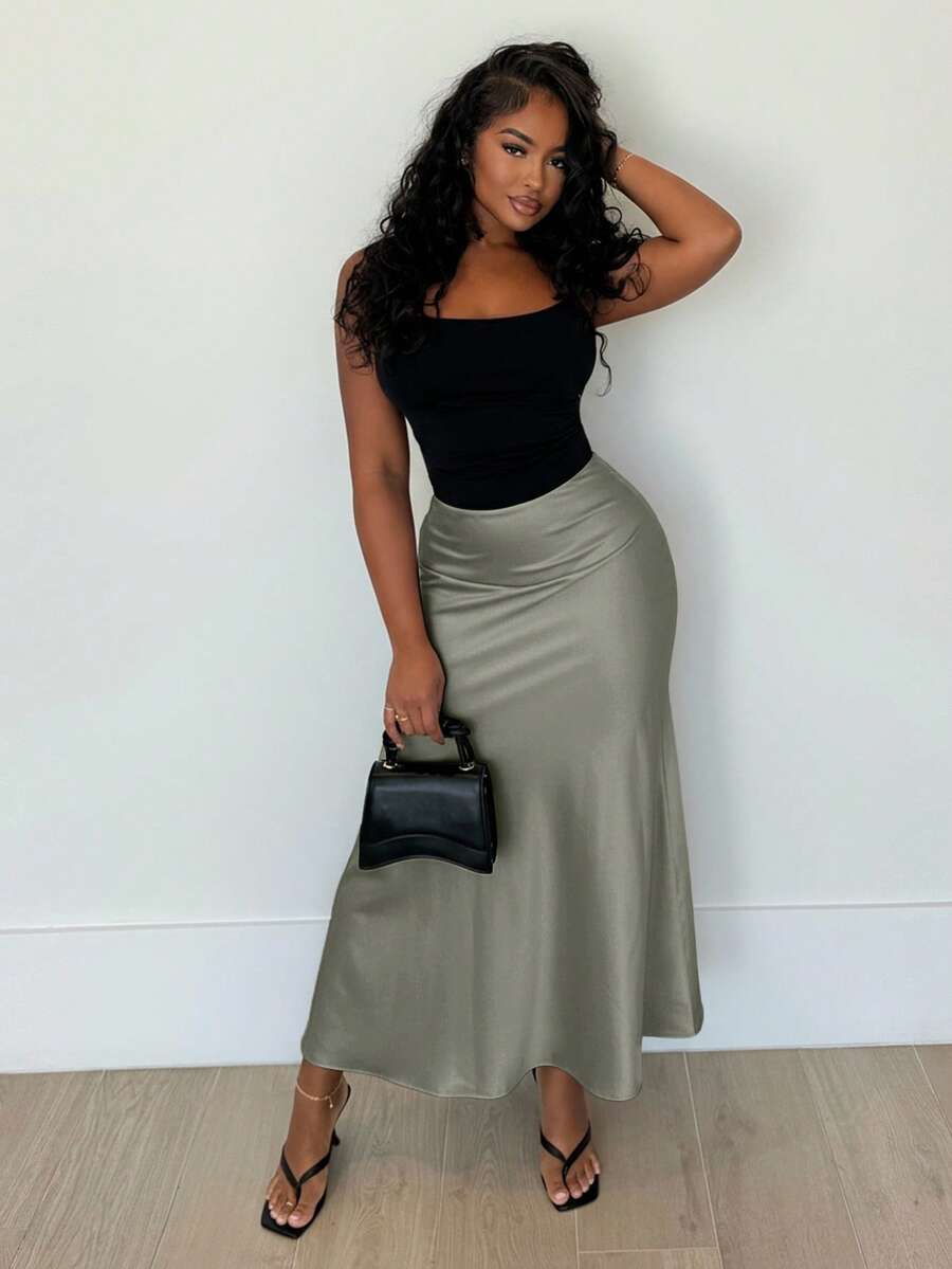 Alexandranx Women Solid Color High Waist Fishtail Hem Skirt Maxi Women Outfit - Green - View 1