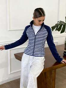 DAZY 女士休闲卫衣，带保暖内衬，撞色条纹拉链高领长袖，秋冬季运动街头风 - 藍色 - 查看 6