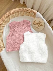 SHEIN Baby Girl 2pcs/Set Cute & Versatile Fluffy Solid Color Sleeveless Jacket Vest, Casual Suitable For Outings And Play, Autumn/Winter