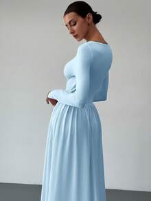 Aloruh New Sexy Scoop Neck Long Sleeve Blue Dress, Versatile & Slimming, Suitable For Autumn/Winter - Blue - View 6
