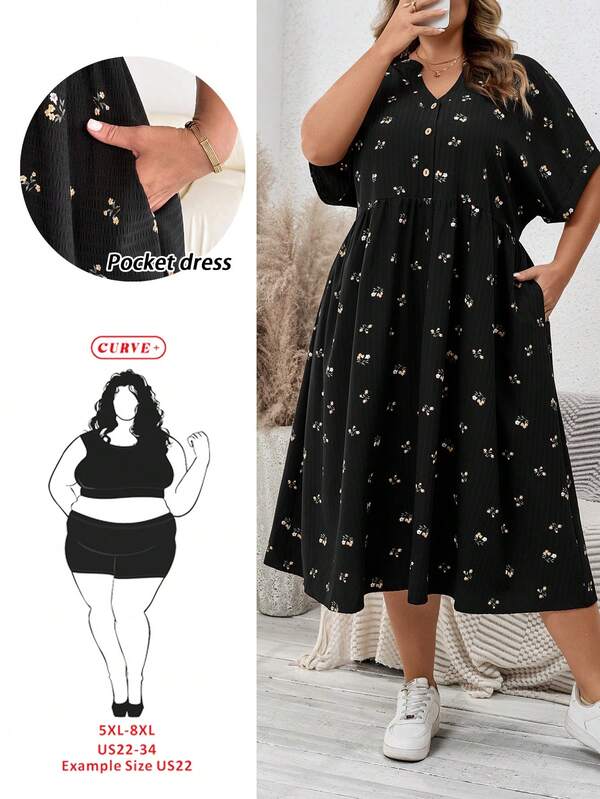 SHEIN CURVE+ فستان بيبي للنساء كبيرات الحجم، فستان فضفاض، فستان صيفي قصير الأكمام، ملابس كبيرة الحجم فضفاضة ومريحة، فستان مطبوع، فستان للعطلات، فساتين كاجوال للمرأة، فستان للحفلات الرسمية، فستان كاجوال للكنيسة، فساتين كاجوال للمعلمات، تنورة منتفخة للمقاسات الكبيرة، ملابس خريفية للنساء، فستان للعمل، فستان للخروج، فساتين كاجوال