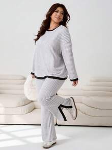 Solflare 2pcs/Set Plus Size Contrast Color Trim Ribbed Knit Round Neck Long Sleeve Top And Slit Leg Long Pants,Winter Clothes For Women - Multicolor - View 1