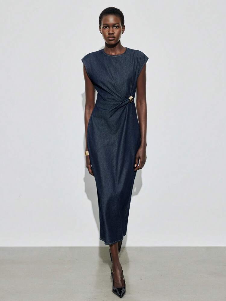 SHEIN Maija New Women's Navy Blue Long Dress With Gold Trim, Denim Midi Dress French Elegance Sleeveless Fitted Waist Dress For The Workplace
