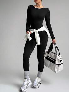 Slayform Slayform Seamless Yoga Jumpsuit,Black And White Contrast,Long Sleeves,Backless Criss-Cross Straps,Slim Fit One Piece For Autumn Athleisure,Gym,Pilates,Yoga - Black - View 2