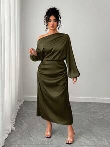 SHEIN Elenzya Plus Size Women Satin Asymmetric Ruffle Collar Cold Shoulder Ruched Waist A-Line Dress - Army Green - View 5