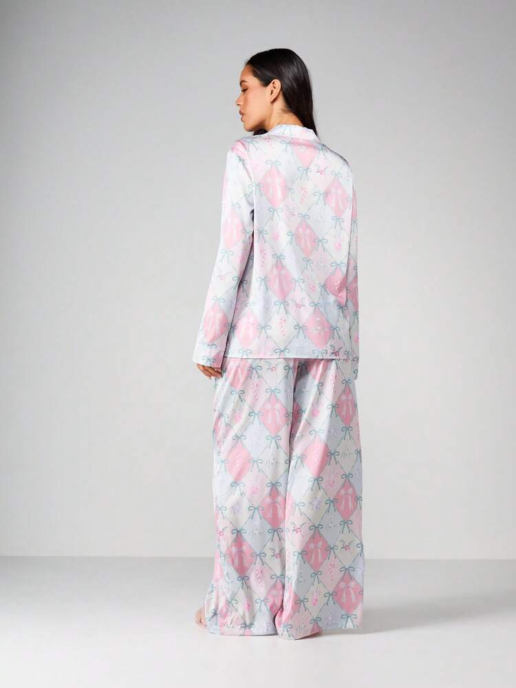 MISSGUIDED Women's Pajama Set With Eye Mask Bow Print Long Sleeve Button Down Sleepwear Nightwear Loungewear Gift Set