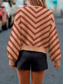 SHEIN LUNE Sweater Kasual Wanita Motif Garis-Garis Blok Warna, Musim Gugur/Dingin - Rust Brown - View 2