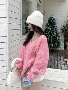 DAZY Suéter de mujer de unicolor con cuello en V, manga larga y trenzado