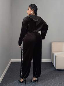 Maweii 大码女式新款弹力珍珠装饰连帽宽松休闲舒适百搭连体裤，适合通勤、新年和假期穿着 - 黑色 - 查看 3