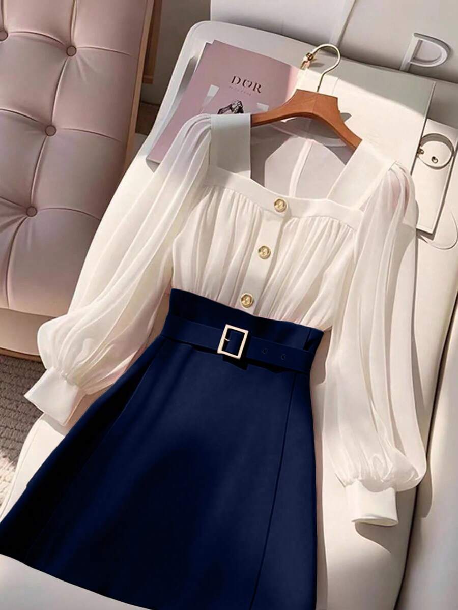 Franclia 女士纽扣设计网纱长袖优雅连衣裙 - 藏蓝色 - 查看 1