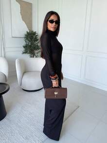 Milla Jasmine ملابس المعلمة بأسلوب ستوكهولم، ملابس نسائية للخريف، ملابس علوية محبوكة بياقة عالية، ملابس علوية أنيقة للخريف/الشتاء، ملابس علوية بأكمام طويلة من الشبك، ملابس علوية أساسية كاجوال للسيدات - الأسود - مشاهدة 4