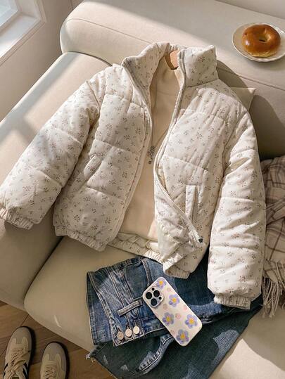 SHEIN Girls' Thick Padded Hooded Jacket With Graphic Print, Slim Fit, Durable, Fashionable Street Style For Outdoor Activities And Daily Wear, Warm Winter Streetwear