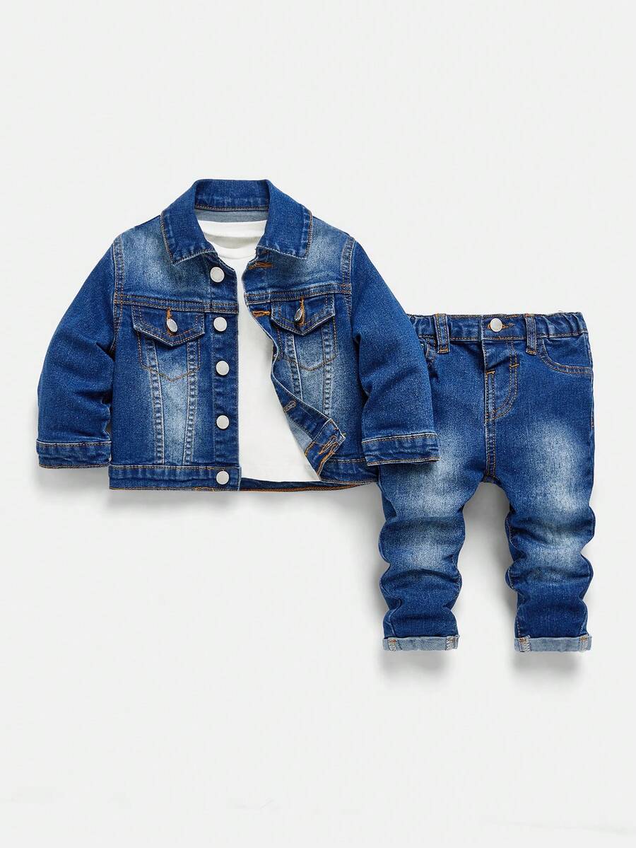 SHEIN Bộ 2 món quần jean bó ống cao co giãn có cổ tay dài màu kaki rách cho bé trai/trẻ mới biết đi, trang phục dạo phố thoải mái và đa năng cho bé - Rửa tối - Xem 1