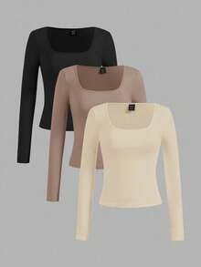 SHEIN EZwear Set de 3 camisetas de mujer de cuello cuadrado de unicolor y talla grande, negro, blanco, caqui, versátiles, adecuadas para primavera y otoño