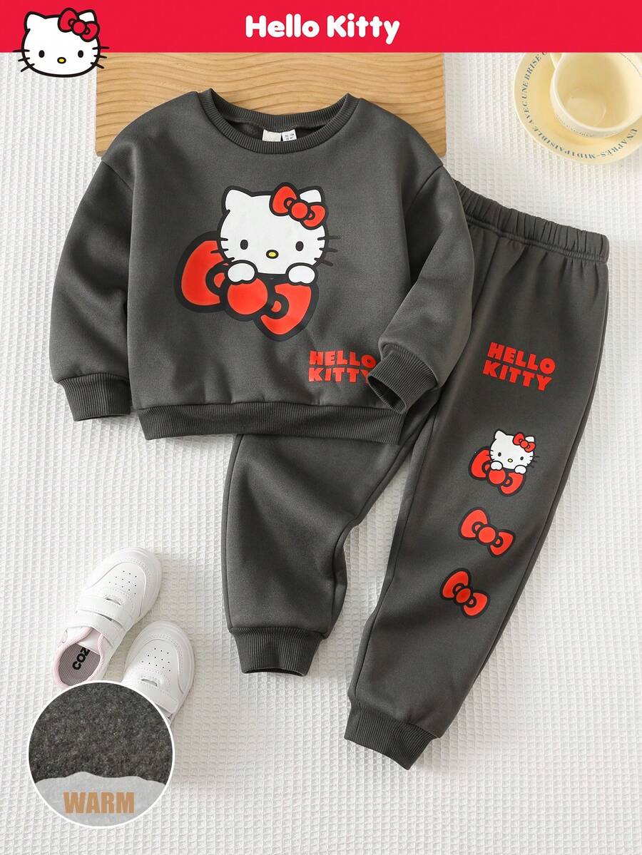 HELLO KITTY AND FRIENDS | SHEIN 女童两件套休闲百搭舒适猫咪印花圆领宽松卫衣和慢跑裤套装 - 灰色 - 查看 1