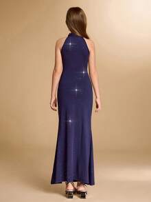 女童藏蓝色长款正式礼服，及踝儿童派对礼服，闪亮节日礼服 - 藏蓝色 - 查看 2