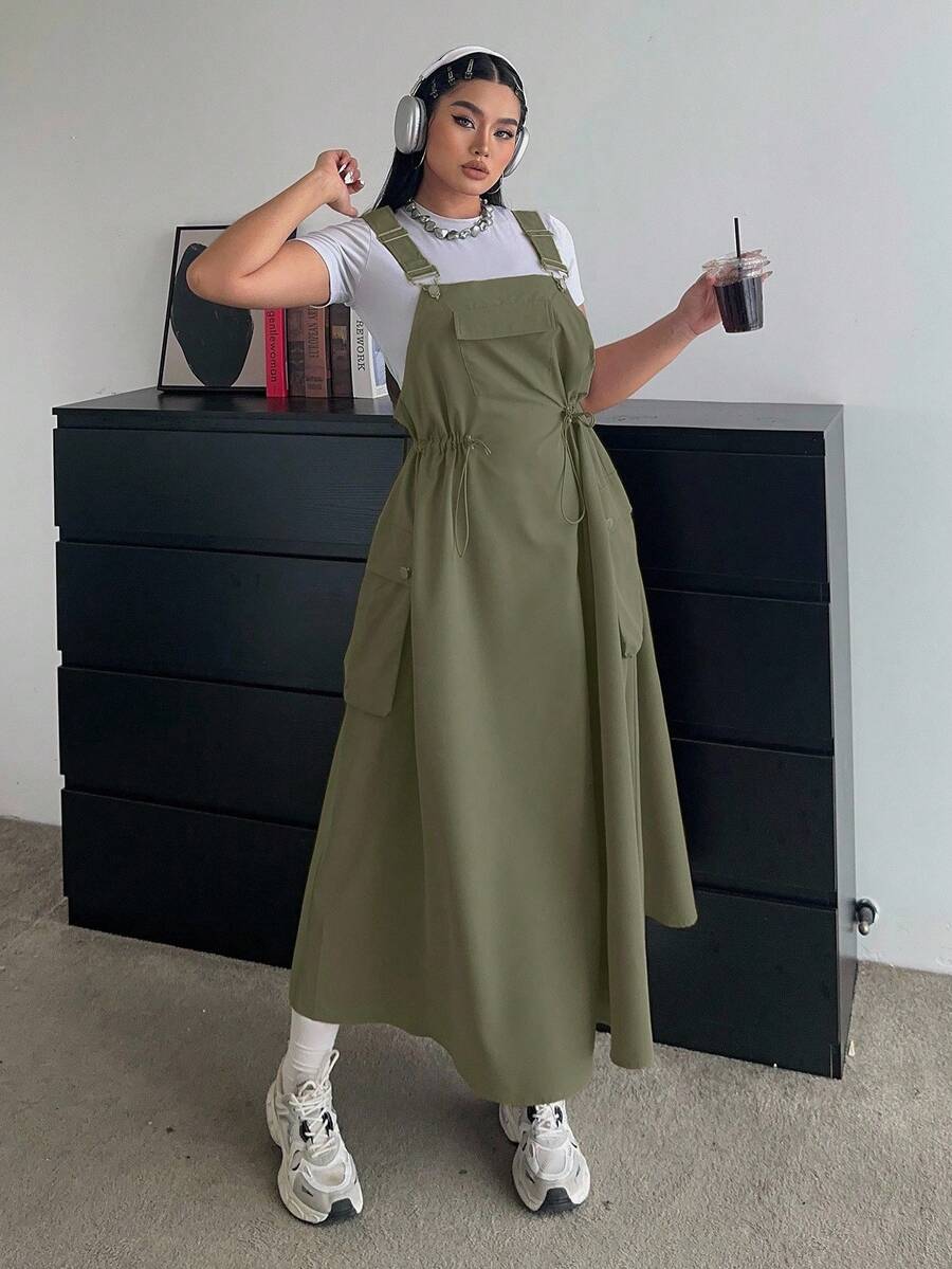 POPSWAY New Autumn Outdoor Versatile Waist Cinching Midi Dungaree Dress Maxi Women Outfit - Army Green - View 1