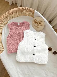SHEIN Baby Girl 2pcs/Set Cute & Versatile Fluffy Solid Color Sleeveless Jacket Vest, Casual Suitable For Outings And Play, Autumn/Winter