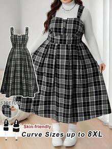 SHEIN CURVE+ Christmas Plus Size Retro Checkered Women's Autumn And Winter Brushed Medium Long Dress, Worn As An Outer Dress