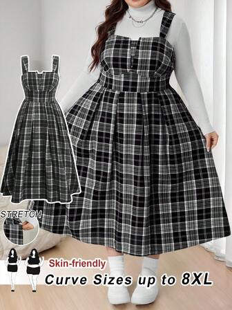 SHEIN CURVE+ Christmas Plus Size Retro Checkered Women's Autumn And Winter Brushed Medium Long Dress, Worn As An Outer Dress