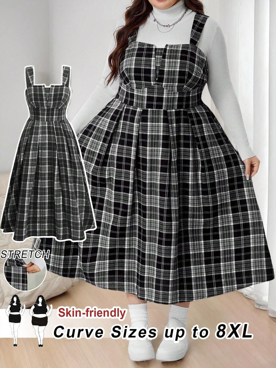 SHEIN CURVE+ Christmas Plus Size Retro Checkered Women's Autumn And Winter Brushed Medium Long Dress, Worn As An Outer Dress
