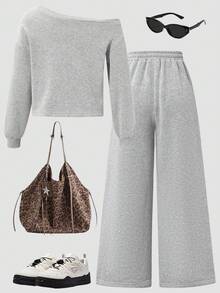 Setelan Sweatshirt Abu-abu Off-Shoulder untuk Remaja Perempuan, Detail Pita Leopard yang Stylish, Celana Panjang Longgar Lebar, Pakaian Kasual Nyaman untuk Sehari-hari di Musim Gugur untuk Sekolah - Grey - View 7