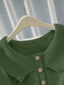 Franclia Button Decor Off Shoulder Solid Color Elegant Long Sleeve Sweater - Army Green - View 5