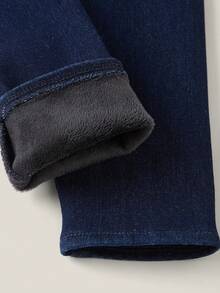 SHEIN MOD 女士休闲收腰牛仔连衣裙，带保暖内衬，冬季款 - 深色水洗藍 - 查看 7