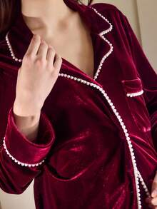 MOTF PREMIUM VELVET FAUX PEARLS TRIM LAPEL COLLAR SHIRT & PANTS PAJAMA SET - Burgundy - View 2