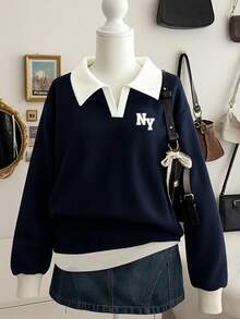 INAWLY 女士撞色字母 Polo 领长袖卫衣 - 彩色 - 查看 1