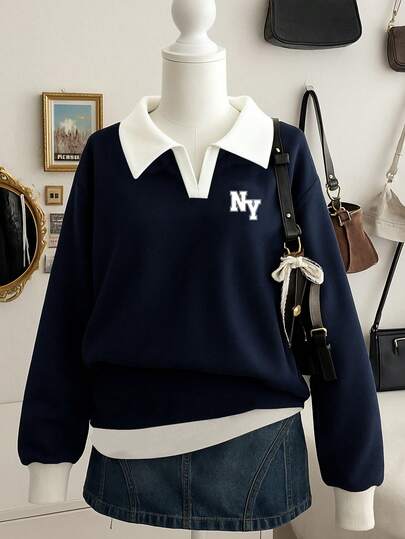 INAWLY 女士撞色字母 Polo 领长袖卫衣