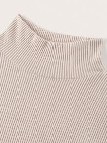 EMERY ROSE 大码女式休闲纯色长袖罗纹高领T恤 - 杏色 - 查看 7