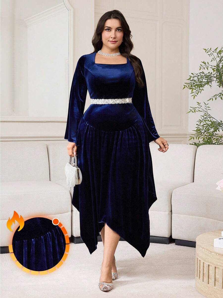 Modelyn Plus Size Women's Elegant Velvet Square Collar Flare Sleeve Asymmetrical Hem Dress, Autumn, Without Belt - Navy Blue - View 1