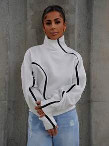 SAYEHFBABY 女士时尚拼色拉链羊毛高领灯笼袖运动衫 - 白色 - 查看 1