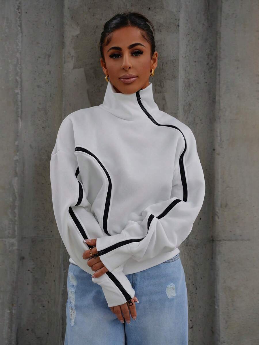 SAYEHFBABY 女士时尚拼色拉链羊毛高领灯笼袖运动衫 - 白色 - 查看 1