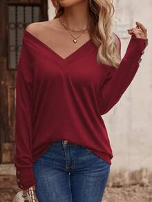 SHEIN LUNE Áo thun tay dài cổ chữ V màu trơn có nút cài, họa tiết in hình dành cho nữ mùa xuân - Đỏ - Xem 5
