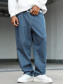 Manfinity Hypemode 男士休闲竖条纹多口袋牛仔裤，街头时尚 - 中等水洗藍 - 查看 5