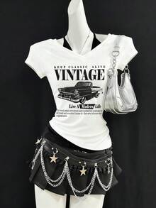 Attitoon Áo thun nữ tay ngắn cổ chữ V buộc dây phối màu tương phản, kiểu dáng retro, họa tiết xe hơi, thích hợp cho mùa hè. - trắng - Xem 8