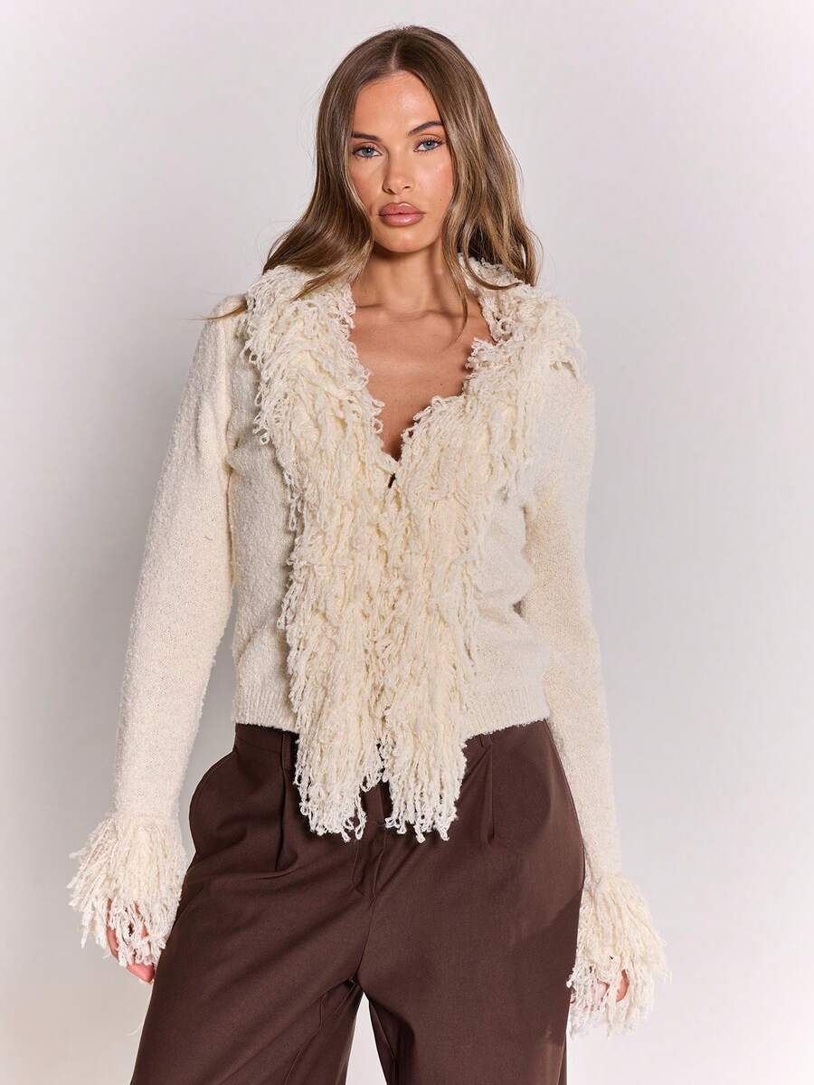 MUSERA Knit Shaggy Trim Fitted Cardigan Cosy Fluffy Cute Casual Coffee Club Winter Spring Sweater Valentines Day - Cream - View 1