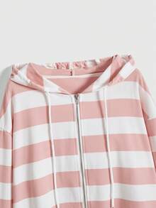 ROMWE Kawaii Cute & Soft Pink & White Contrast Striped Hooded Loose Lsweatshirtigan Sweatshirt - Multicolor - View 3