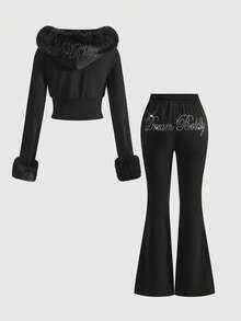 ROMWE Grunge Punk Y2K Style Rhinestone Decor Crop Top And Leggings 2 Pieces Set - Black - View 2