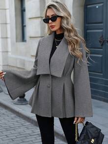 SHEIN LUNE 女士优雅通勤休闲法式翻领V领双排扣开腰A字褶裥喇叭袖宽松袖口长袖羊毛大衣，适合春、秋、冬季穿着。 - 灰色 - 查看 6