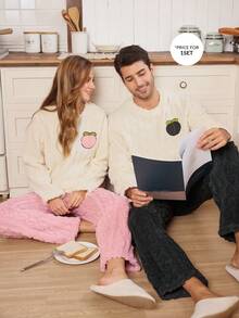 CoupledUp 男士休闲桃色刺绣提花抓绒睡衣套装，适合居家休闲和外穿 - 深灰色 - 查看 7