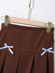 2pcs/Set Tween Girls' School Style Brown Autumn Casual Back-To-School Collared Sweatshirt With English Print,Pleated Skirt,Ribbon & Bow Decor,Knit - Brown - View 4
