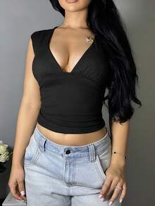 Vassilux Women Deep V Neck Fitted Casual Tank Top, Spring/Summer - Black - View 5