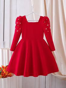 Elladie kids Đầm công chúa màu đỏ cổ vuông trang trí ngọc trai thanh lịch cho bé gái, tay bồng, eo cao, dáng chữ A, váy dự tiệc, thích hợp cho dịp Giáng sinh, mùa xuân/thu - Đỏ - Xem 2