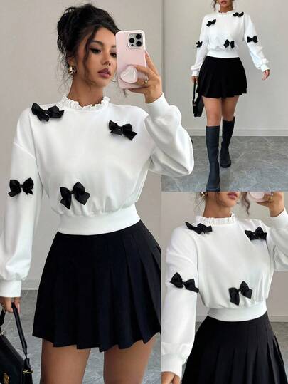 SHEIN PETITE 女士秋冬新款荷叶边领蝴蝶结装饰经典卫衣