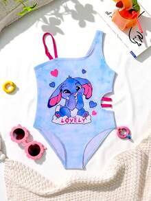 Cute Heart & Stitch Print Hollow Out One-Piece Swimsuit For Young Girl, Pool/Beach/Party Pink And Blue Kids Bathing Suit One Piece Bathing Suit Kidd Stitch Swimsuit For Girl - Blue - View 3