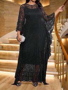 Fleurora Váy dự tiệc ren tay cánh dơi màu trơn thanh lịch cỡ lớn - màu đen - Xem 3